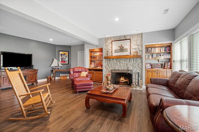 2175 Oberhelman Rd, Foristell, MO 63348 - living room with wood finished floors, a stone fireplace, recessed lighting, and beamed ceiling