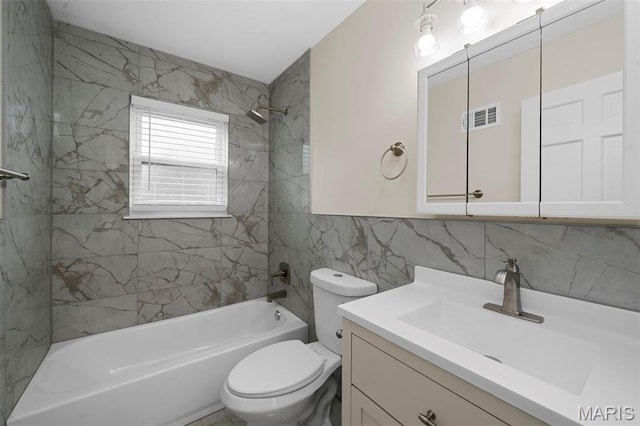 841 N Geyer Rd, Kirkwood, MO 63122 - bathroom featuring vanity,  shower combination, tile walls, and backsplash