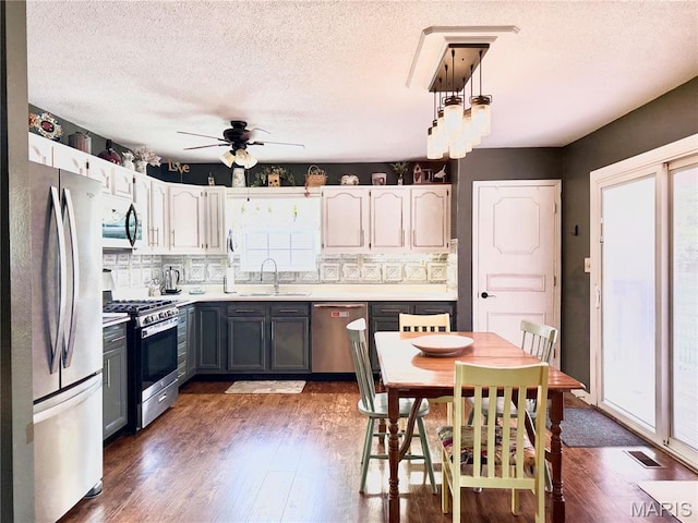 18 Sandstone Ct, Troy, IL 62294 - kitchen featuring appliances with stainless steel finishes, plenty of natural light, wood finished floors, a ceiling fan, and a textured ceiling
