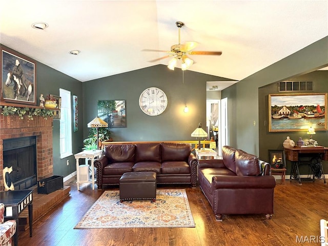 18 Sandstone Ct, Troy, IL 62294 - living room featuring a fireplace, ceiling fan, lofted ceiling, and wood finished floors