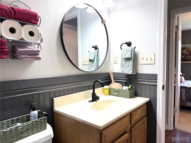 18 Sandstone Ct, Troy, IL 62294 - bathroom with vanity, wainscoting, a textured wall, and a decorative wall