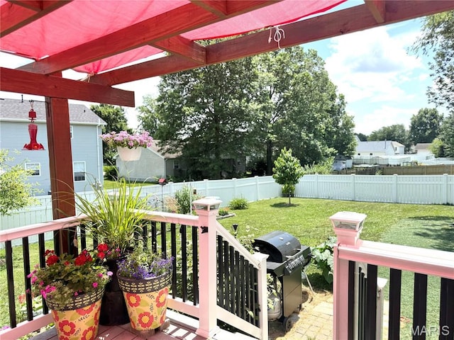 18 Sandstone Ct, Troy, IL 62294 - wooden terrace with grilling area, a fenced backyard, and a pergola