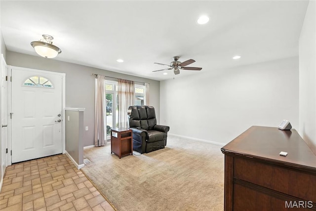 3205 Fleet Ln, Saint Charles, MO 63301 - entrance foyer featuring a ceiling fan, recessed lighting, and light carpet
