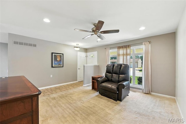 3205 Fleet Ln, Saint Charles, MO 63301 - living area featuring light colored carpet, recessed lighting, and a ceiling fan