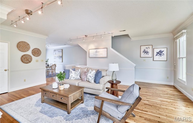 3432 Civic Green Dr, Saint Charles, MO 63301 - living room featuring track lighting, ornamental molding, light wood finished floors, plenty of natural light, and a textured ceiling