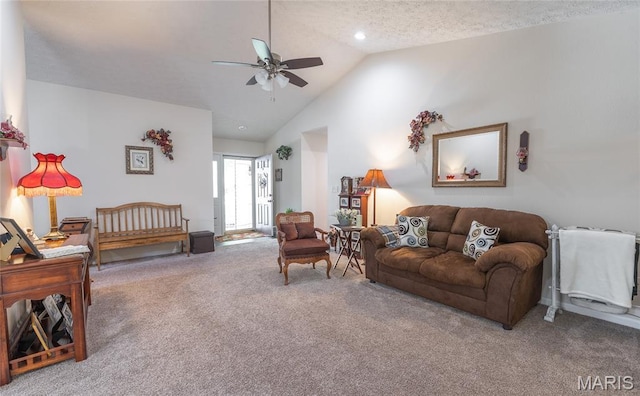 708 Chestnut Dr, Rolla, MO 65401 - living area with a ceiling fan, carpet, vaulted ceiling, and recessed lighting