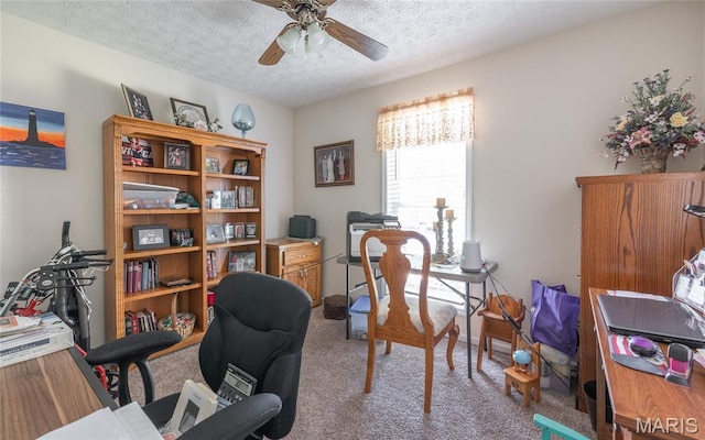 708 Chestnut Dr, Rolla, MO 65401 - carpeted home office featuring a ceiling fan and a textured ceiling
