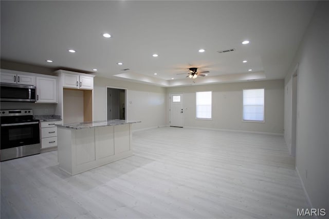 1205 Yosemite, Sikeston, MO 63801 - kitchen with stainless steel appliances, a tray ceiling, light wood-style floors, open floor plan, and recessed lighting