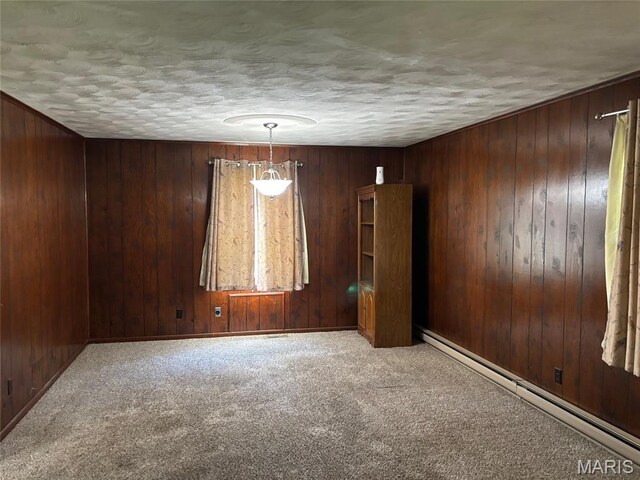 304 Taylor Ave, Park Hills, MO 63601 - unfurnished room with a baseboard heating unit, carpet flooring, wooden walls, and a textured ceiling