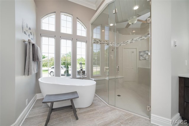 204 Logans Ct, Foristell, MO 63348 - full bathroom with a freestanding tub, a shower stall, ornamental molding, and vanity