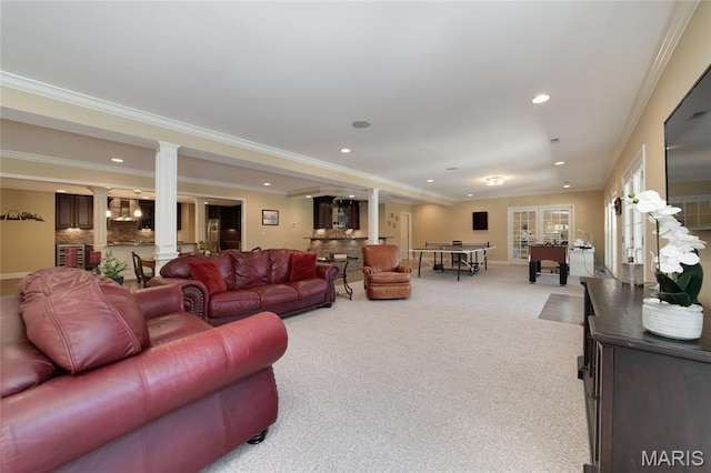 204 Logans Ct, Foristell, MO 63348 - living room featuring ornate columns, light colored carpet, recessed lighting, and ornamental molding