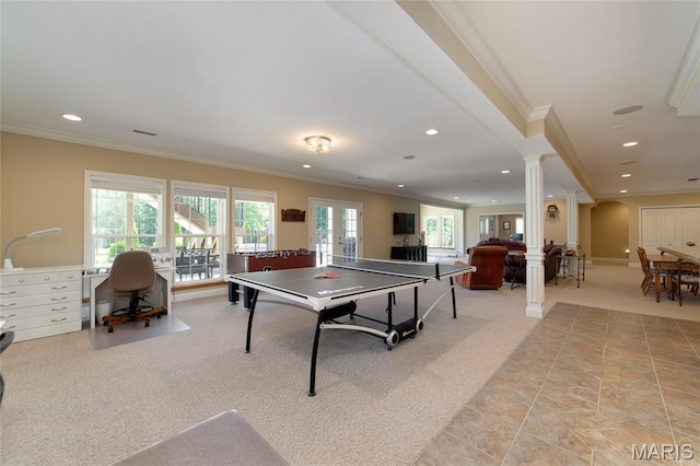 204 Logans Ct, Foristell, MO 63348 - recreation room featuring decorative columns, crown molding, light carpet, recessed lighting, and plenty of natural light