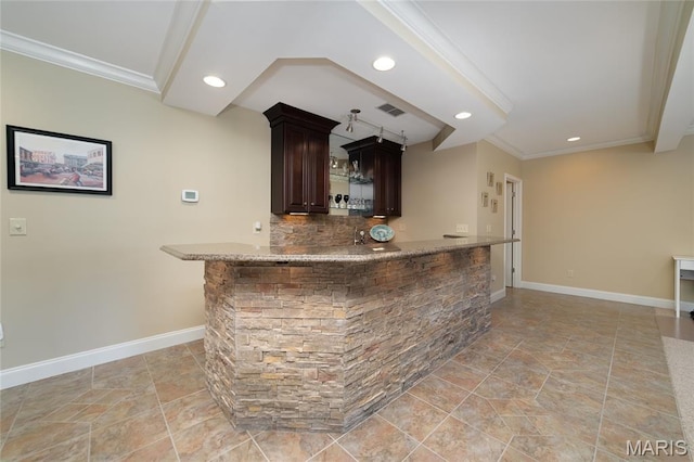 204 Logans Ct, Foristell, MO 63348 - indoor bar featuring crown molding, tasteful backsplash, recessed lighting, and light stone finish floors