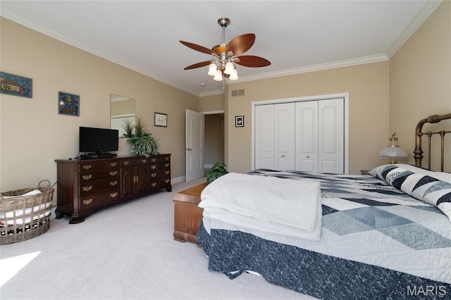 204 Logans Ct, Foristell, MO 63348 - bedroom with ornamental molding, light colored carpet, a closet, and a ceiling fan