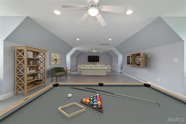 204 Logans Ct, Foristell, MO 63348 - game room featuring billiards table, ceiling fan, recessed lighting, vaulted ceiling, and a baseboard radiator