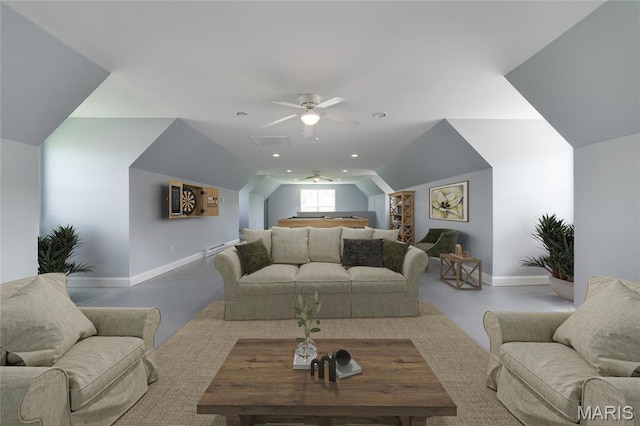 204 Logans Ct, Foristell, MO 63348 - living room with ceiling fan, vaulted ceiling, recessed lighting, and concrete flooring