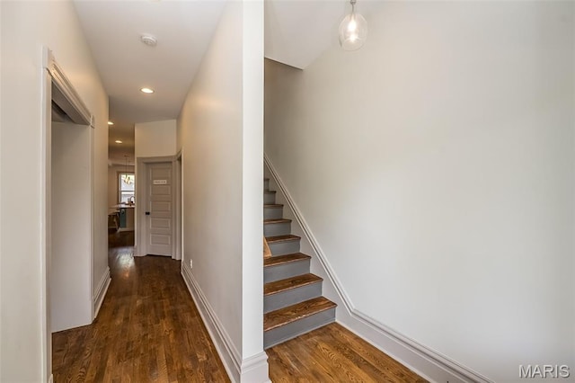 3822 Humphrey St, Saint Louis, MO 63116 - corridor with wood finished floors, stairway, and recessed lighting