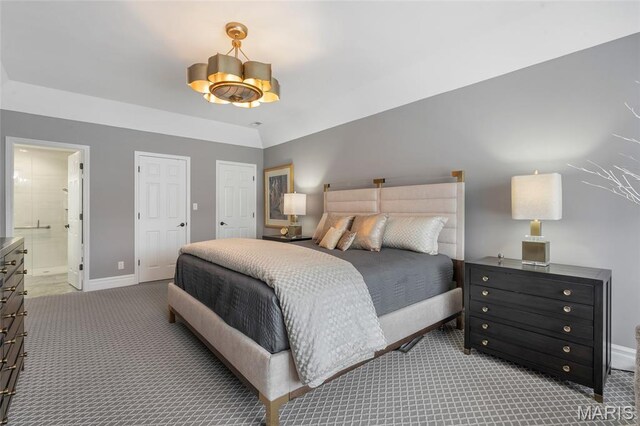 208 Ambridge Ct Unit 302, Chesterfield, MO 63017 - carpeted bedroom featuring ensuite bathroom and a chandelier