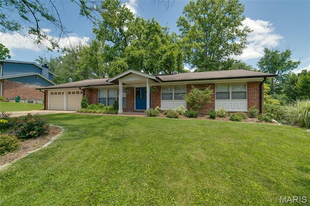 13011 Ambois Dr, Saint Louis, MO 63141 - view of front of property with an attached garage, a front yard, brick siding, and concrete driveway