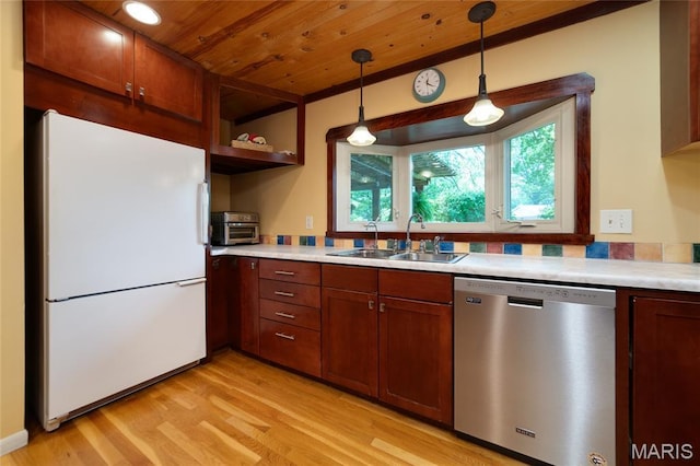 13011 Ambois Dr, Saint Louis, MO 63141 - kitchen with freestanding refrigerator, dishwasher, wooden ceiling, light wood finished floors, and light countertops