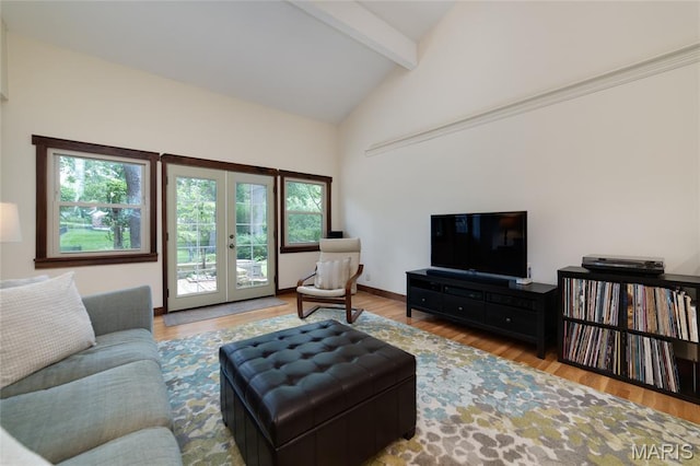 13011 Ambois Dr, Saint Louis, MO 63141 - living room featuring french doors, beam ceiling, wood finished floors, and high vaulted ceiling