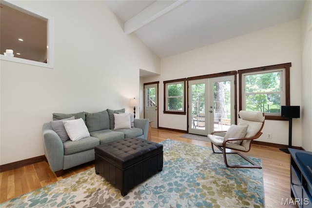 13011 Ambois Dr, Saint Louis, MO 63141 - living room with beam ceiling, french doors, high vaulted ceiling, plenty of natural light, and light wood-type flooring