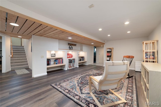 13011 Ambois Dr, Saint Louis, MO 63141 - living room featuring dark wood-type flooring, stairs, and recessed lighting