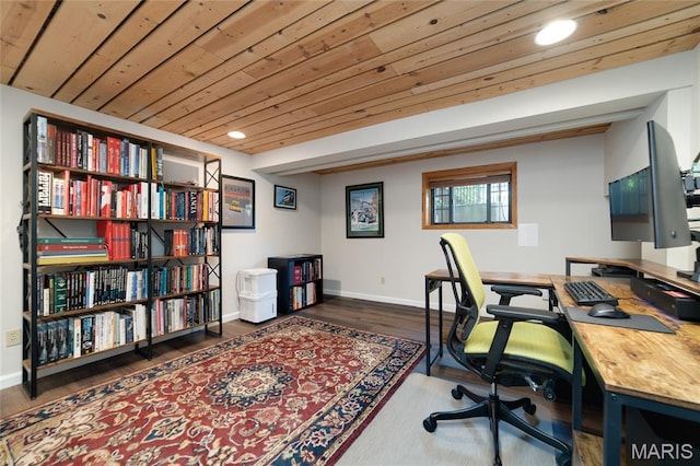 13011 Ambois Dr, Saint Louis, MO 63141 - office area featuring wood ceiling, recessed lighting, and wood finished floors