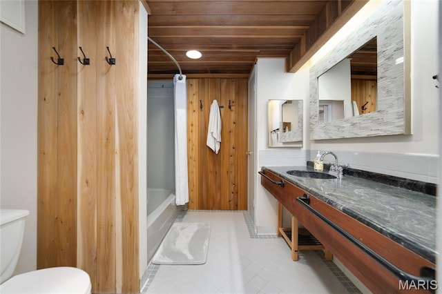13011 Ambois Dr, Saint Louis, MO 63141 - full bath featuring wood ceiling, vanity,  shower combination, and tile patterned flooring