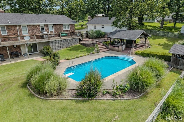 16930 Grace Rd, Lebanon, MO 65536 - view of pool featuring a gazebo, a deck, a fenced backyard, a patio, and a diving board