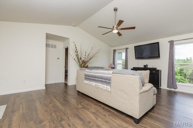 8280 Obrien Dr, Cedar Hill, MO 63016 - living area with vaulted ceiling, ceiling fan, and dark wood finished floors