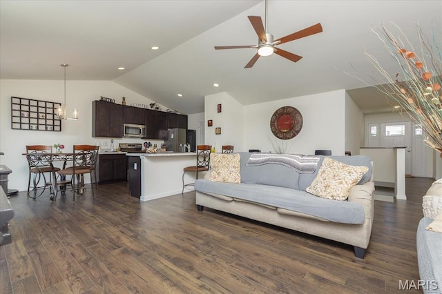 8280 Obrien Dr, Cedar Hill, MO 63016 - living area with vaulted ceiling, dark wood-style floors, a ceiling fan, and recessed lighting