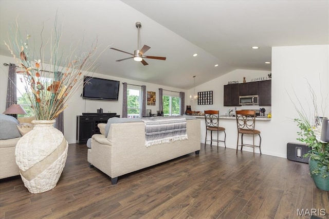 8280 Obrien Dr, Cedar Hill, MO 63016 - living room with lofted ceiling, dark wood-type flooring, ceiling fan, and recessed lighting