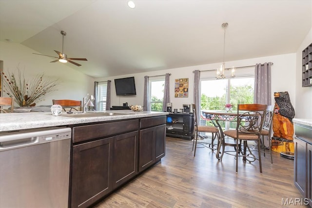8280 Obrien Dr, Cedar Hill, MO 63016 - kitchen with dishwasher, lofted ceiling, wood finished floors, dark brown cabinetry, and ceiling fan