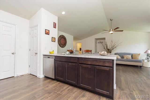 8280 Obrien Dr, Cedar Hill, MO 63016 - kitchen featuring dishwasher, open floor plan, a peninsula, ceiling fan, and dark wood finished floors