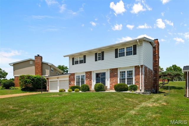 7849 Cassia Ct, Saint Louis, MO 63123 - colonial house featuring brick siding, a front lawn, driveway, a garage, and a chimney