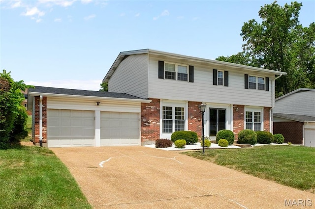 7849 Cassia Ct, Saint Louis, MO 63123 - colonial-style house with brick siding, a garage, concrete driveway, and a front yard