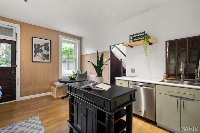 2929 Victor St, Saint Louis, MO 63104 - kitchen with stainless steel dishwasher, open shelves, light countertops, and light wood-style flooring