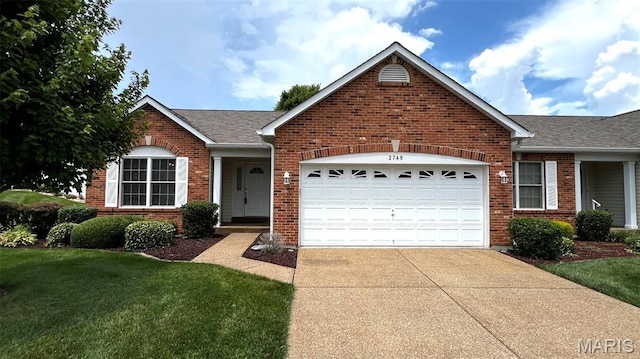 2749 Samuel Dr Unit 736A, Dardenne Prairie, MO 63368 - ranch-style house featuring driveway, brick siding, a garage, a front yard, and roof with shingles