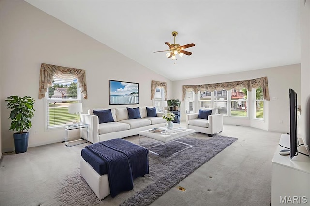 2749 Samuel Dr Unit 736A, Dardenne Prairie, MO 63368 - living area featuring carpet, a ceiling fan, and high vaulted ceiling