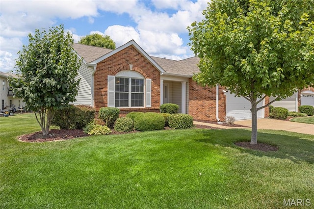 2749 Samuel Dr Unit 736A, Dardenne Prairie, MO 63368 - view of front of home featuring brick siding, an attached garage, driveway, a front yard, and roof with shingles