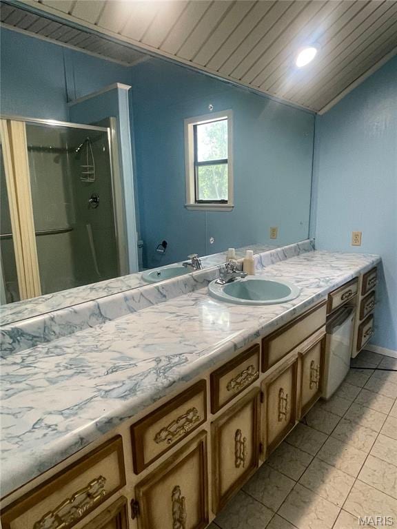 252 Trails End Way, Doniphan, MO 63935 - full bath featuring vanity, a stall shower, tile patterned floors, and wooden ceiling