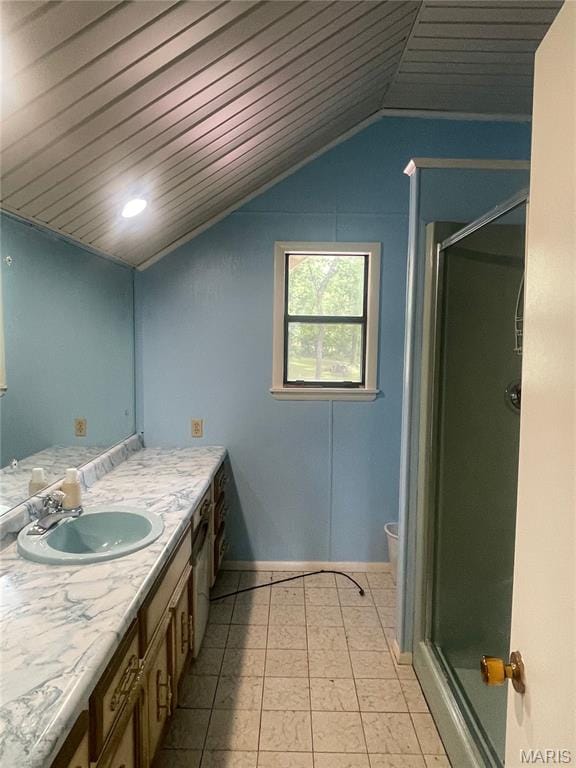 252 Trails End Way, Doniphan, MO 63935 - full bath with wood ceiling, lofted ceiling, vanity, a shower stall, and tile patterned floors
