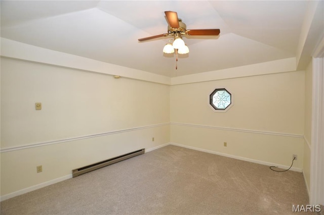 1406 Marshall Rd, Kirkwood, MO 63122 - unfurnished room with a baseboard radiator, carpet, ceiling fan, and lofted ceiling