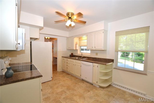 1406 Marshall Rd, Kirkwood, MO 63122 - kitchen with white appliances, dark countertops, a baseboard heating unit, and a ceiling fan