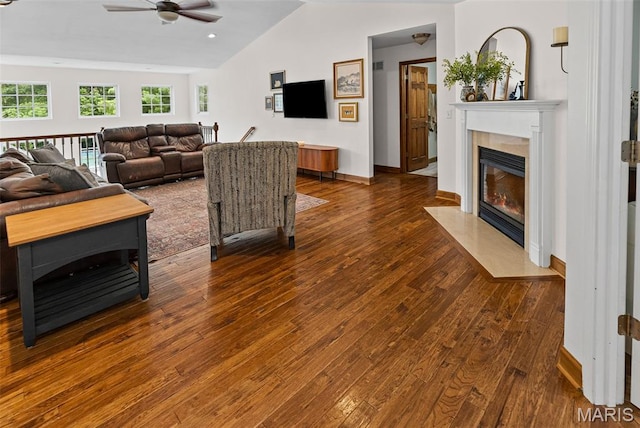 227 W Woodland Rdg, Valmeyer, IL 62295 - living room featuring ceiling fan, dark wood-style floors, a premium fireplace, and lofted ceiling