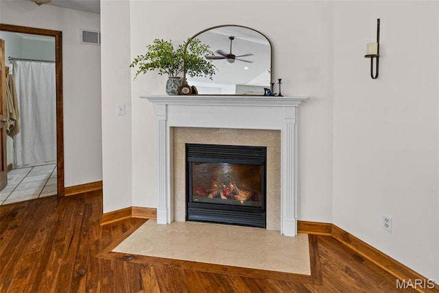 227 W Woodland Rdg, Valmeyer, IL 62295 - detailed view of wood finished floors, ceiling fan, and a fireplace with flush hearth
