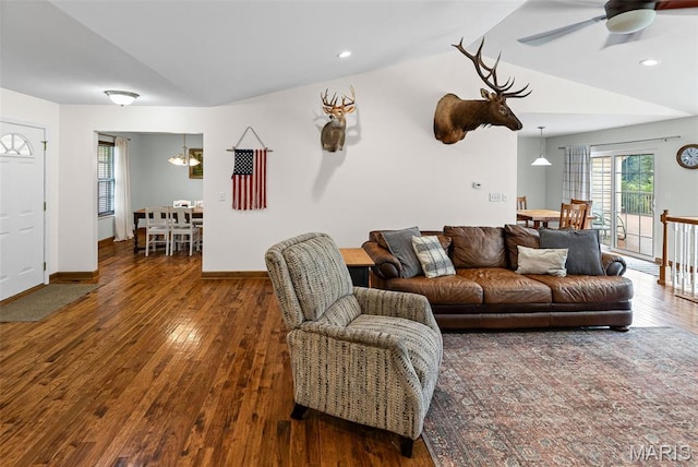 227 W Woodland Rdg, Valmeyer, IL 62295 - living room with vaulted ceiling, wood-type flooring, a ceiling fan, a chandelier, and recessed lighting