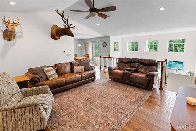 227 W Woodland Rdg, Valmeyer, IL 62295 - living room with a ceiling fan, wood finished floors, plenty of natural light, lofted ceiling, and recessed lighting