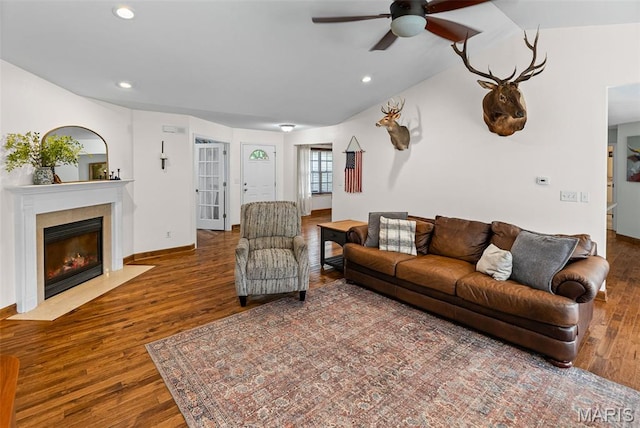 227 W Woodland Rdg, Valmeyer, IL 62295 - living area with ceiling fan, a tiled fireplace, recessed lighting, and wood finished floors